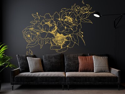Peonies Wall Decal - Gold Peony Wall Decal - Flowers Vinyl Print Sticker, Floral Room Decor se184 - image1